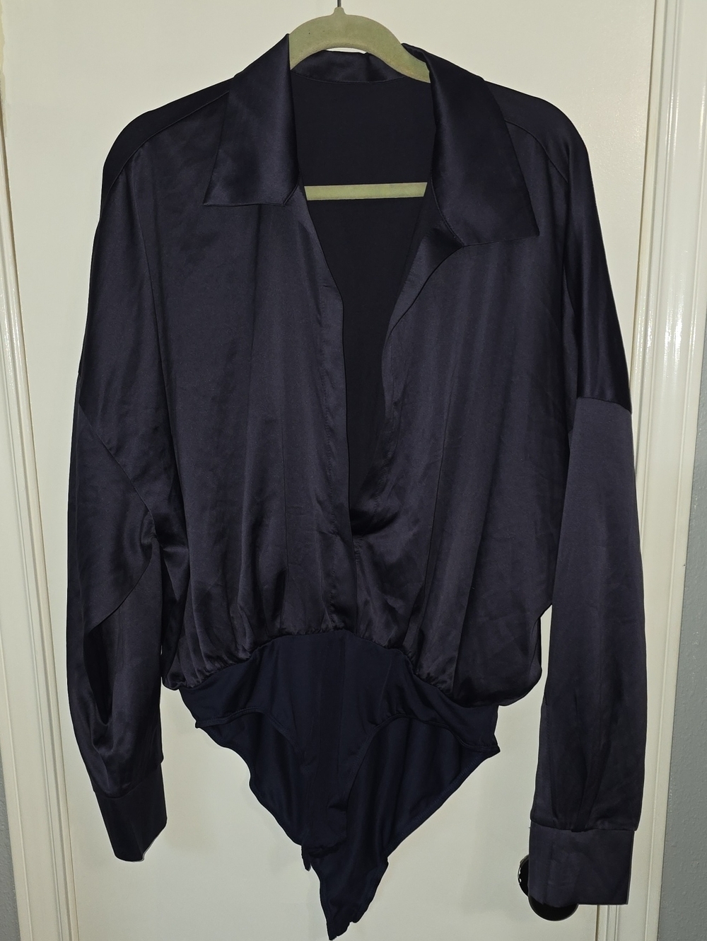 NWT Commense Navy Satin Surplice Bodysuit Blouse SZ XL